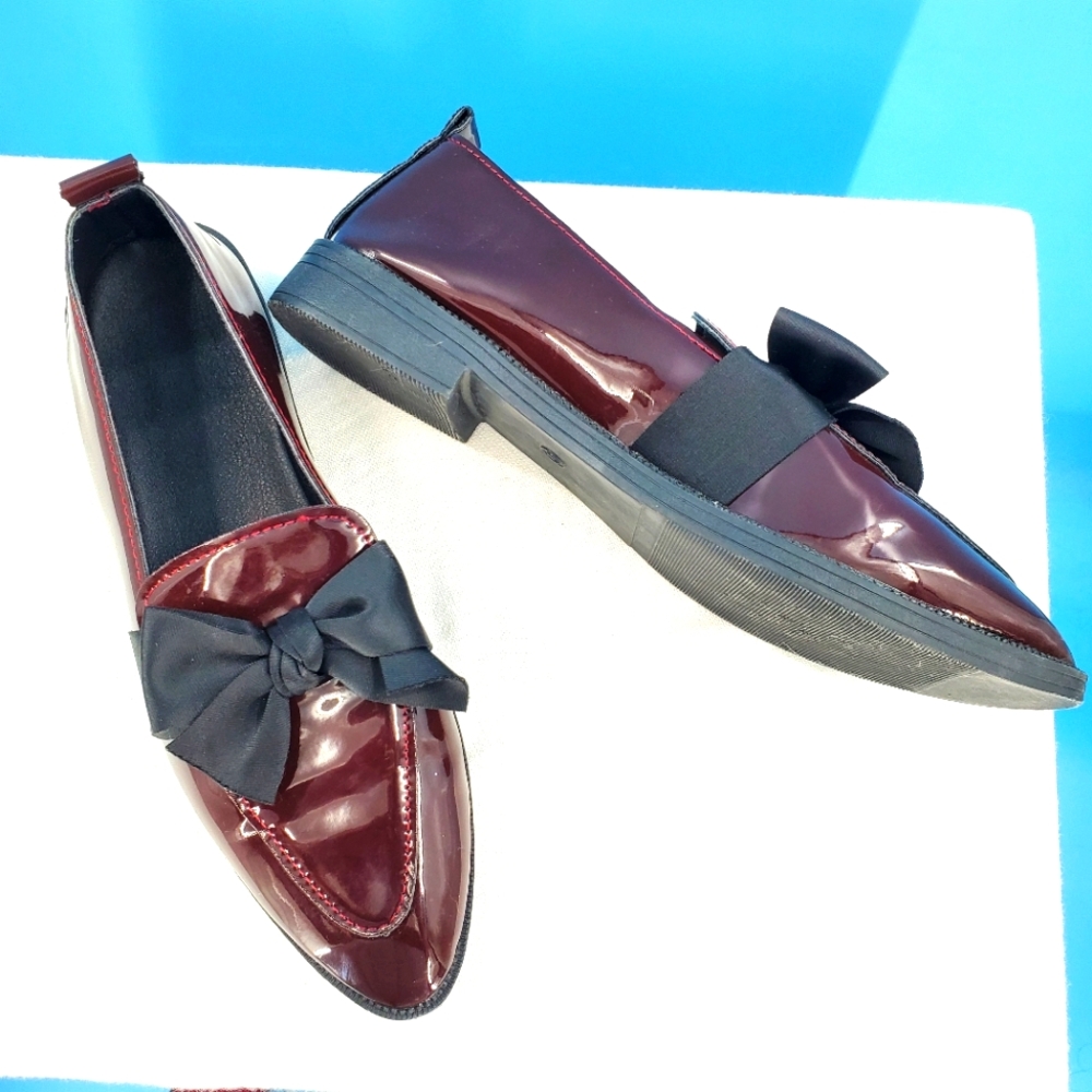 Burgundy vegan patent leather bow flats 10